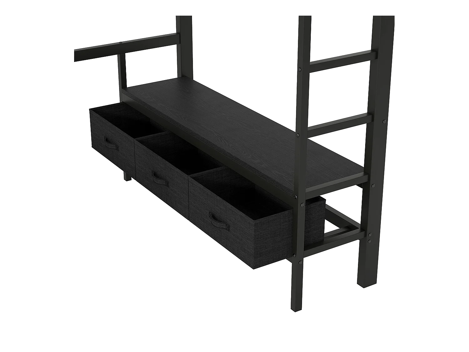 Lit mezzanine en métal 140x200 cm - avec LED et port USB - Bureau et tringle à vêtement - avec 3 tiroirs - Noir (matelas non inclus)