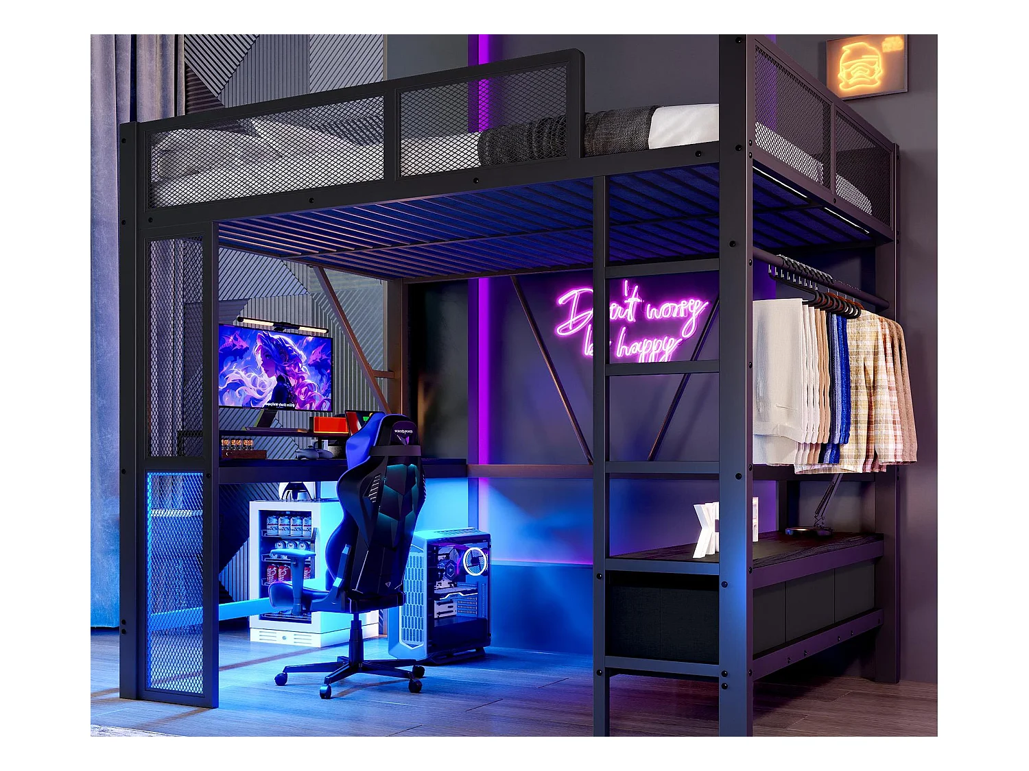 Hochbett aus Metall 140x200 cm - mit LED und USB-Anschluss - Schreibtisch und Kleiderstange - mit 3 Schubladen - Schwarz (Matratze nicht inbegriffen)