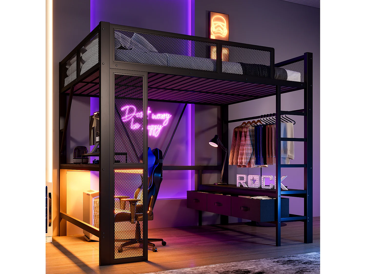 Cama mezanino de metal 140x200 cm - com LED e porta USB - Escrivaninha e haste para pendurar roupas - com 3 gavetas - Preto (colchão não incluído)