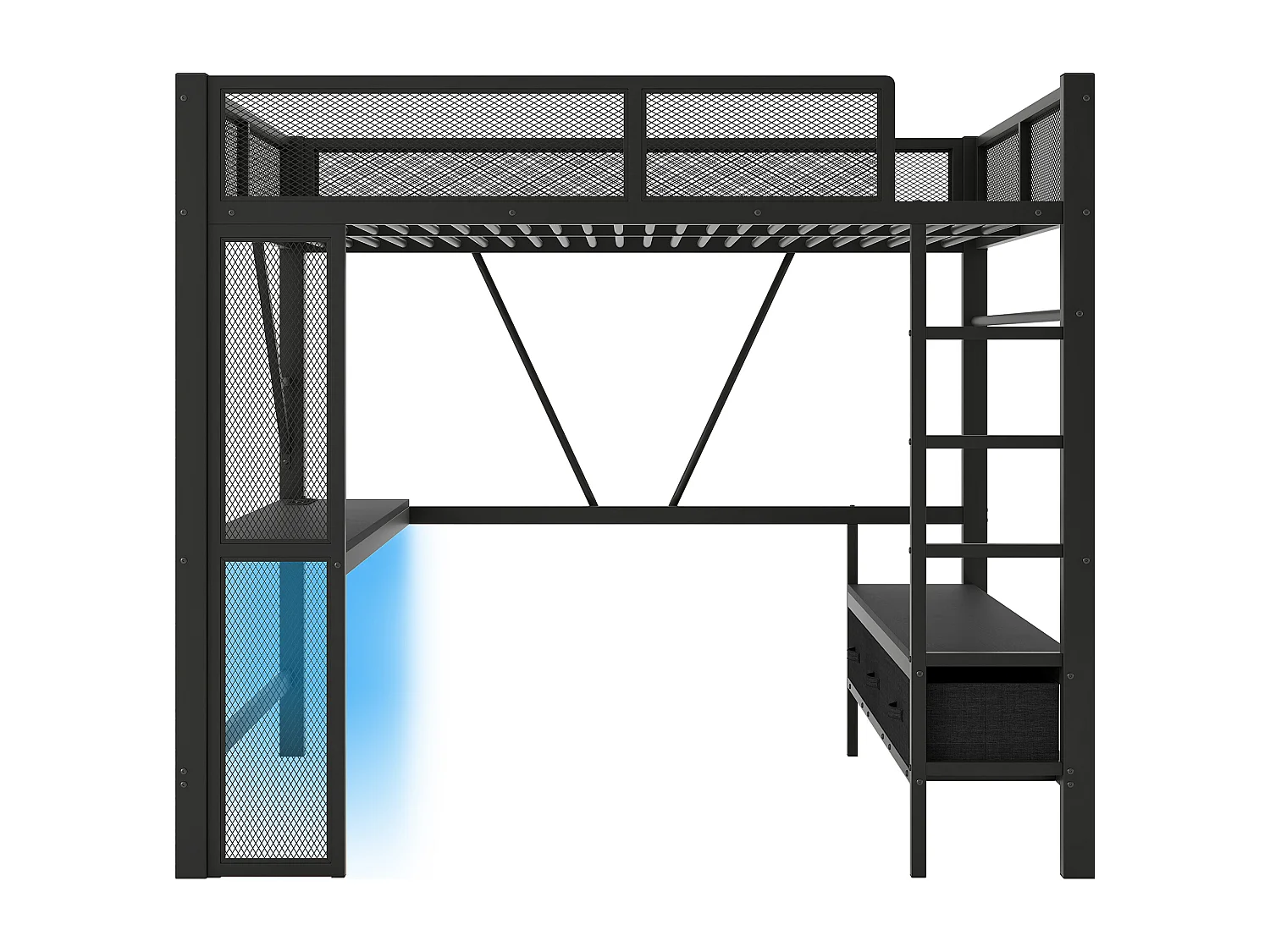 Cama mezanino de metal 140x200 cm - com LED e porta USB - Escrivaninha e haste para pendurar roupas - com 3 gavetas - Preto (colchão não incluído)