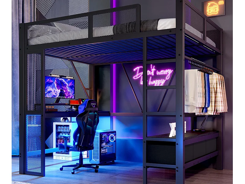 Hoogbed van metaal 140x200 cm - met LED en USB-poort - Bureau en klerenhanger - met 3 laden - Zwart (matras niet inbegrepen)