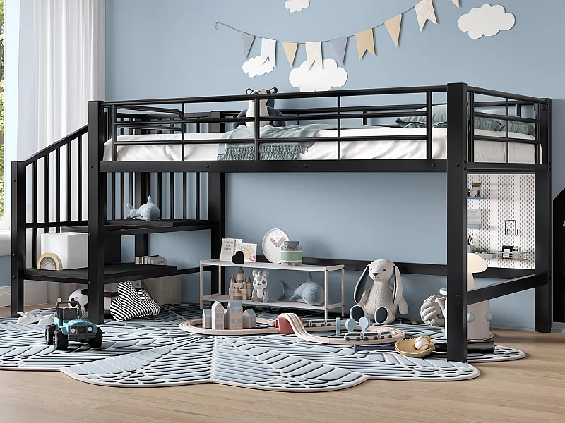 Lit mezzanine 90x200 cm - avec escalier - avec barrières de sécurité - Métal + MDF - Noir (matelas non inclus)