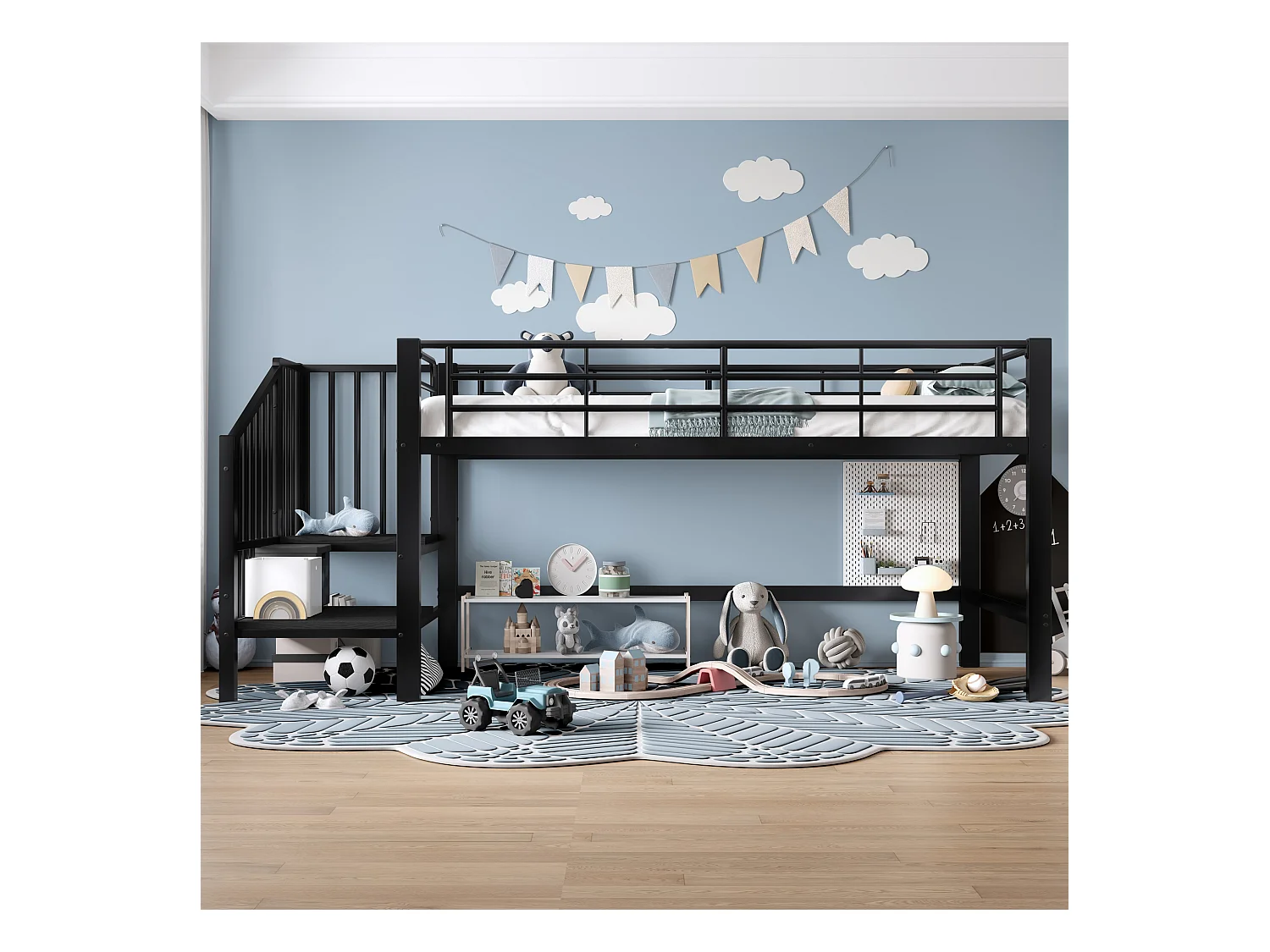 Lit mezzanine 90x200 cm - avec escalier - avec barrières de sécurité - Métal + MDF - Noir (matelas non inclus)