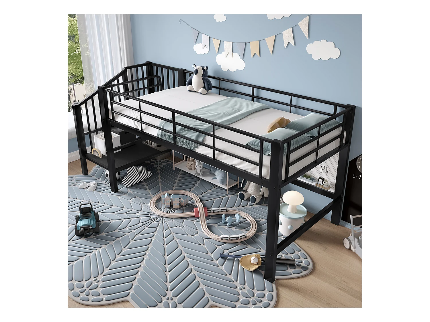 Lit mezzanine 90x200 cm - avec escalier - avec barrières de sécurité - Métal + MDF - Noir (matelas non inclus)