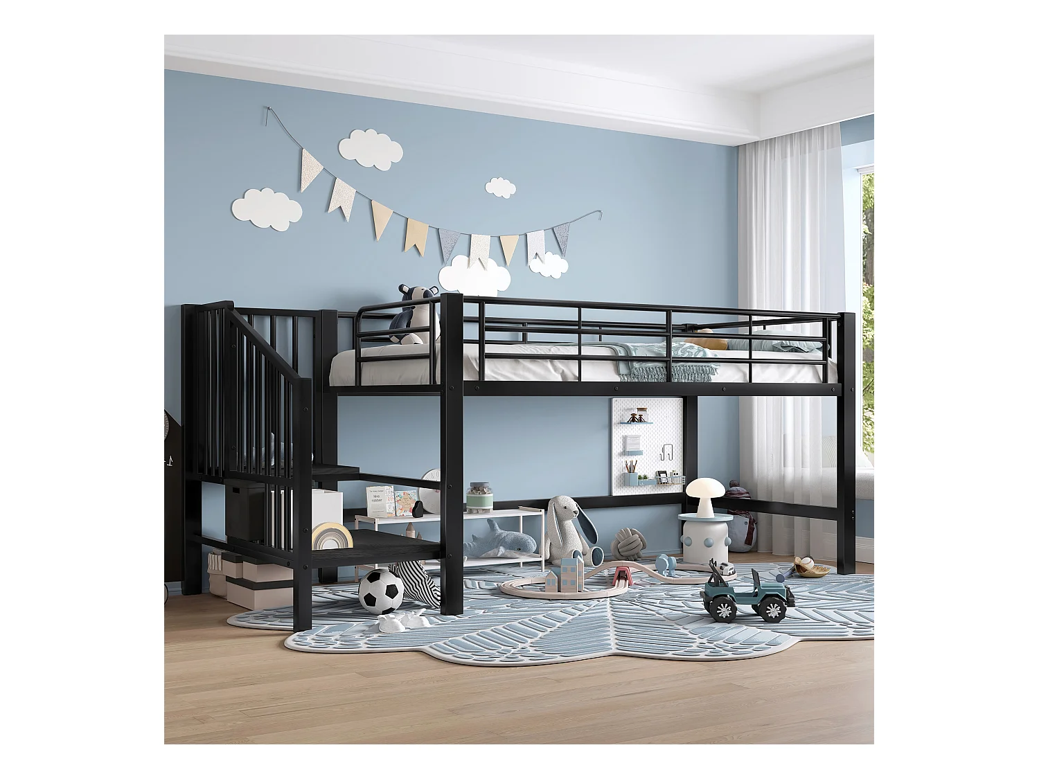 Lit mezzanine 90x200 cm - avec escalier - avec barrières de sécurité - Métal + MDF - Noir (matelas non inclus)
