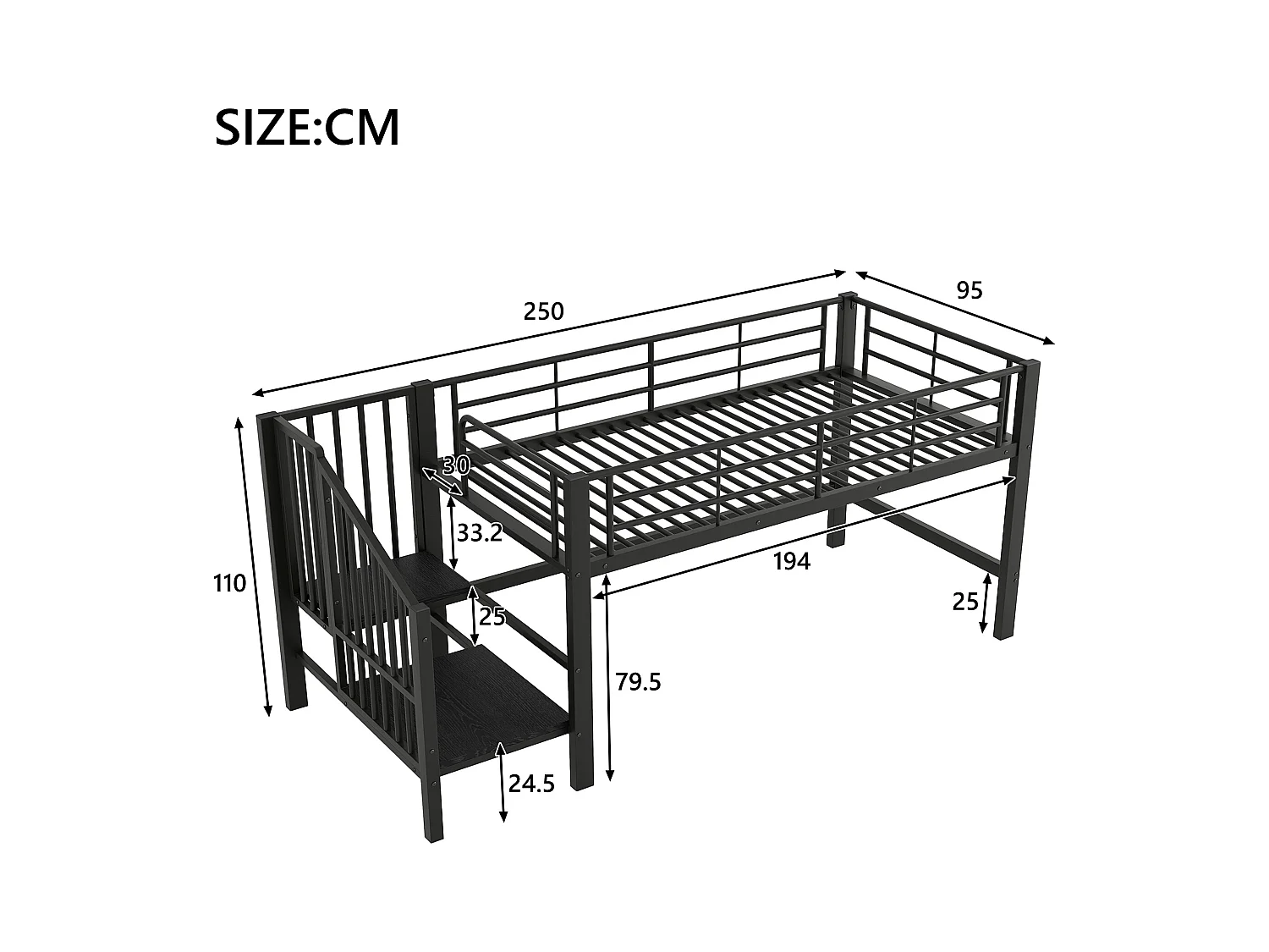 Lit mezzanine 90x200 cm - avec escalier - avec barrières de sécurité - Métal + MDF - Noir (matelas non inclus)