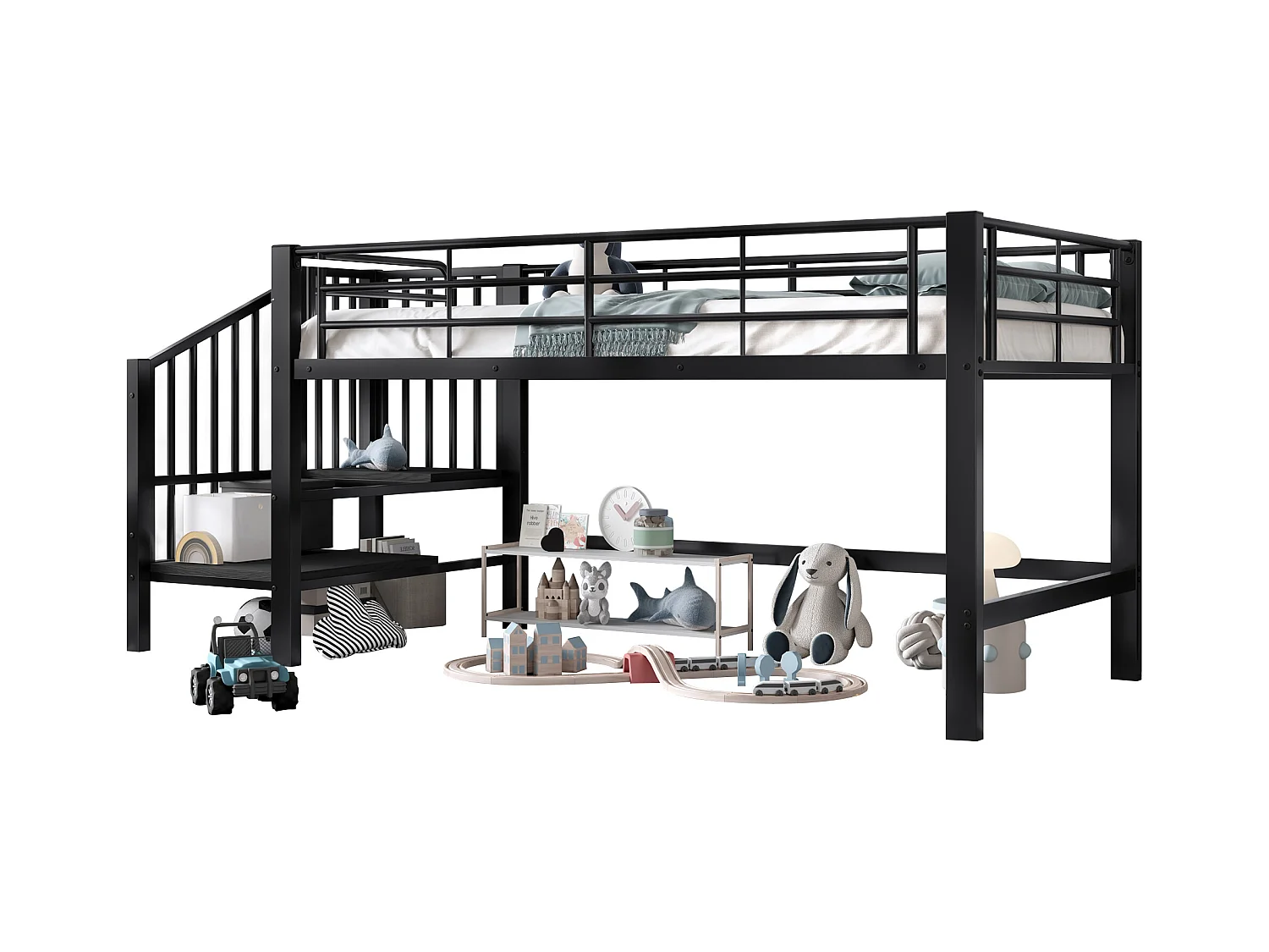 Lit mezzanine 90x200 cm - avec escalier - avec barrières de sécurité - Métal + MDF - Noir (matelas non inclus)