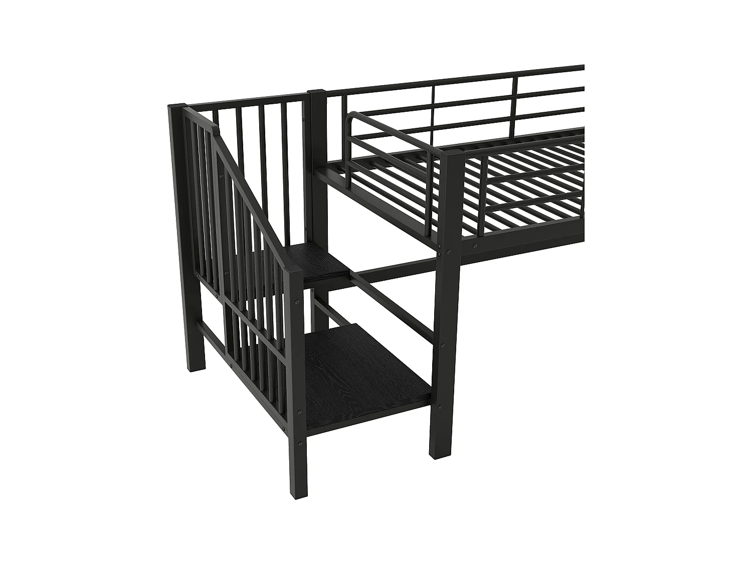 Lit mezzanine 90x200 cm - avec escalier - avec barrières de sécurité - Métal + MDF - Noir (matelas non inclus)