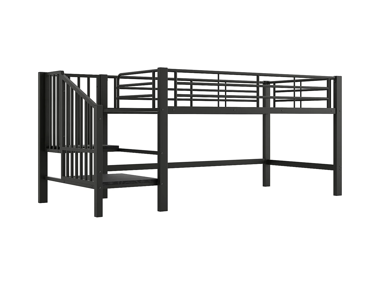 Lit mezzanine 90x200 cm - avec escalier - avec barrières de sécurité - Métal + MDF - Noir (matelas non inclus)
