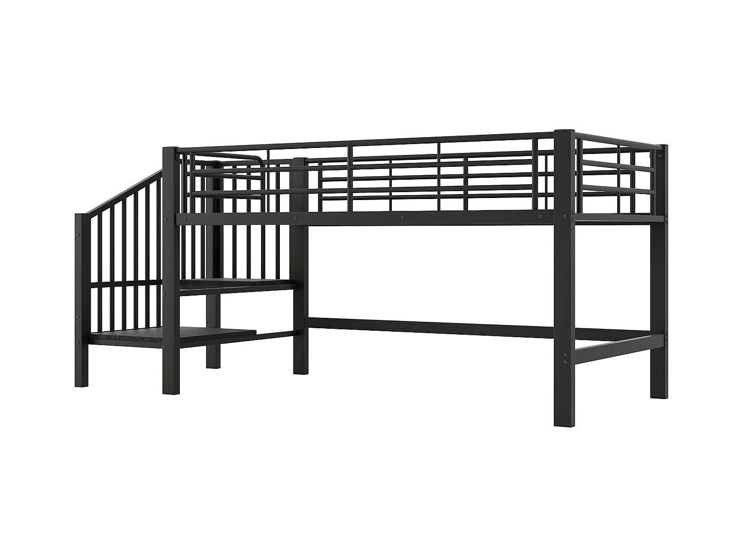 Lit mezzanine 90x200 cm - avec escalier - avec barrières de sécurité - Métal + MDF - Noir (matelas non inclus)