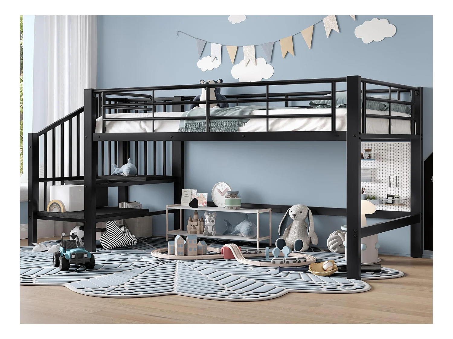 Hochbett 90x200 cm - mit Treppe - mit Sicherheitsgittern - Metall + MDF - Schwarz (Matratze nicht inbegriffen)
