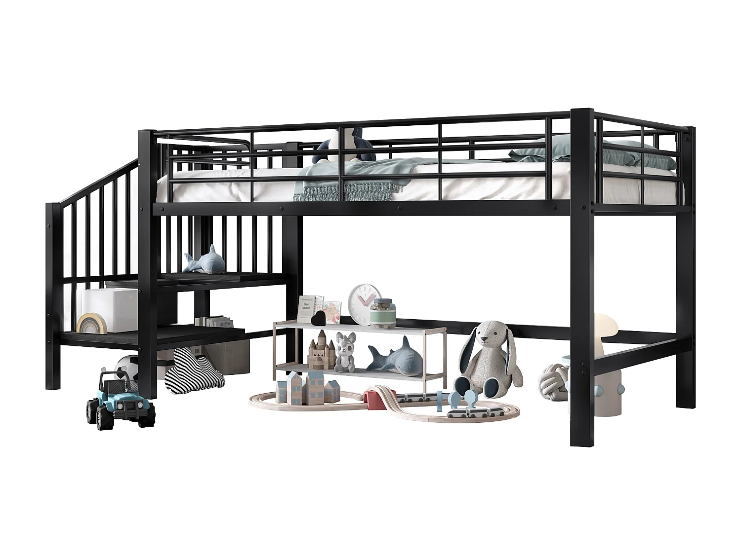 Hoogbed 90x200 cm - met trap - met veiligheidshekken - Metaal + MDF - Zwart (matras niet inbegrepen)