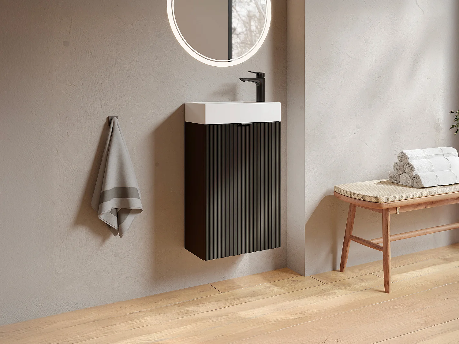 Móvel para lavatório estriado com porta reversível preto - A60 x C40 x L22 - VAHIRA