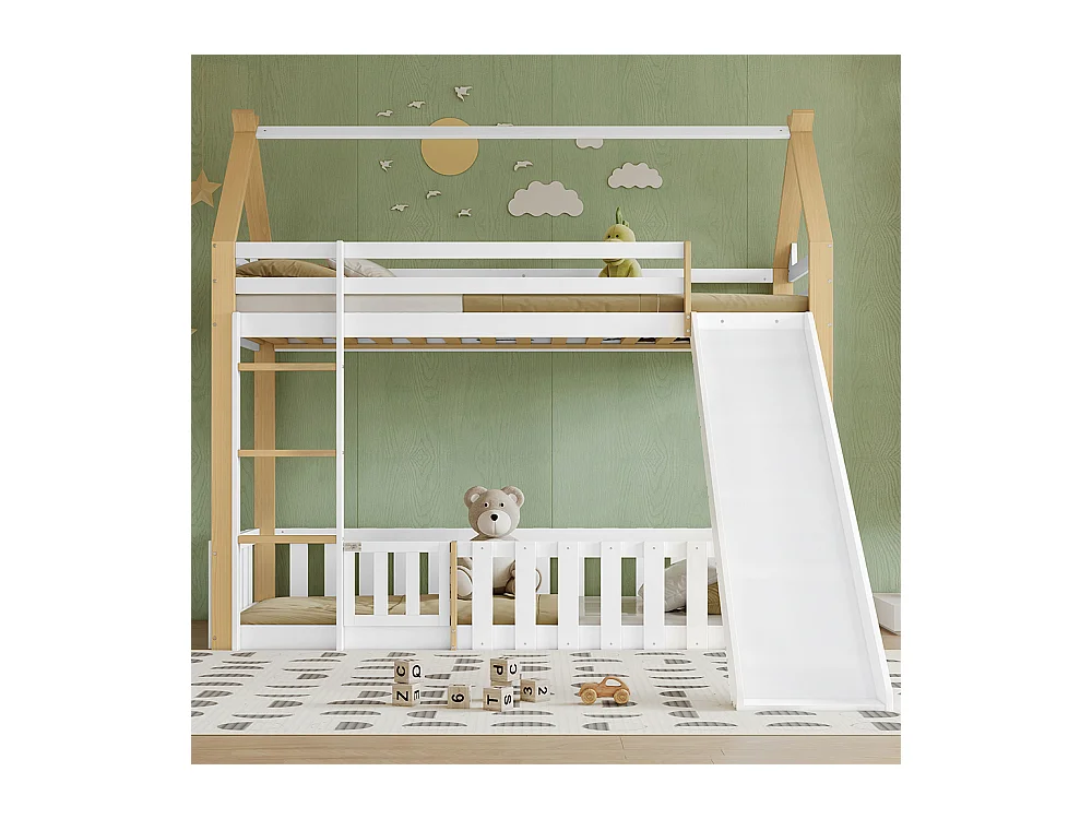 Etagenbett für Kinder 90 x 200 cm mit Rutsche, Geländer, Leiter, weiß + Natur
