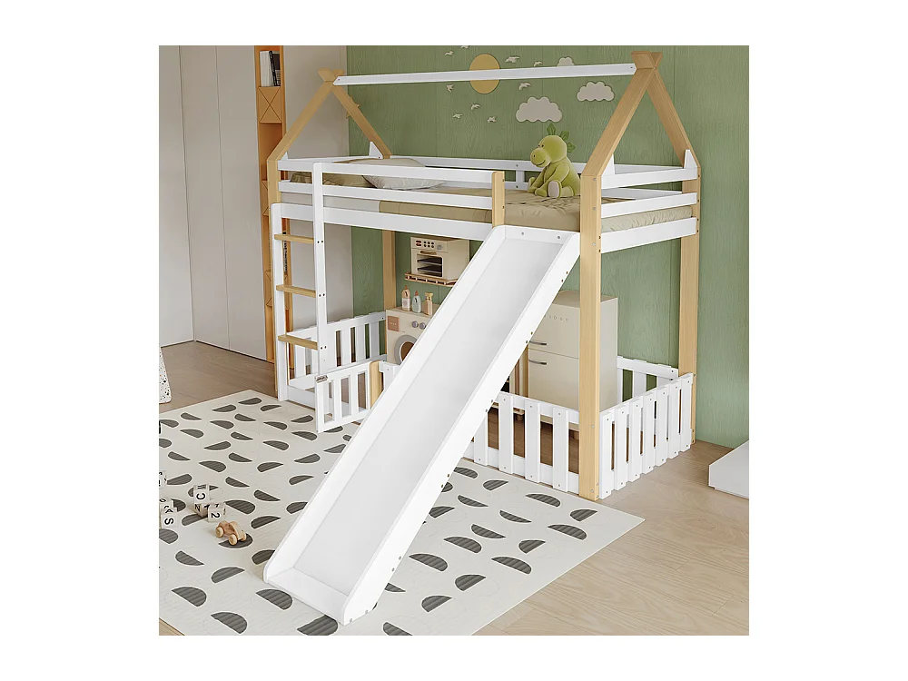 Etagenbett für Kinder 90 x 200 cm mit Rutsche, Geländer, Leiter, weiß + Natur