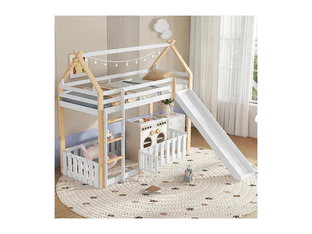 Etagenbett für Kinder 90 x 200 cm mit Rutsche, Geländer, Leiter, weiß + Natur