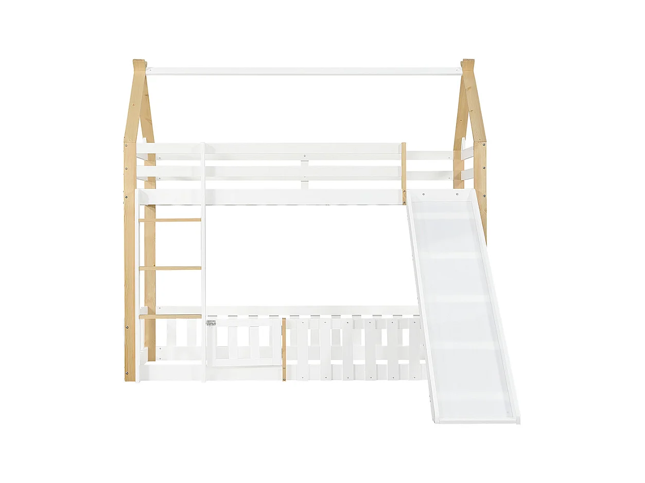 Etagenbett für Kinder 90 x 200 cm mit Rutsche, Geländer, Leiter, weiß + Natur