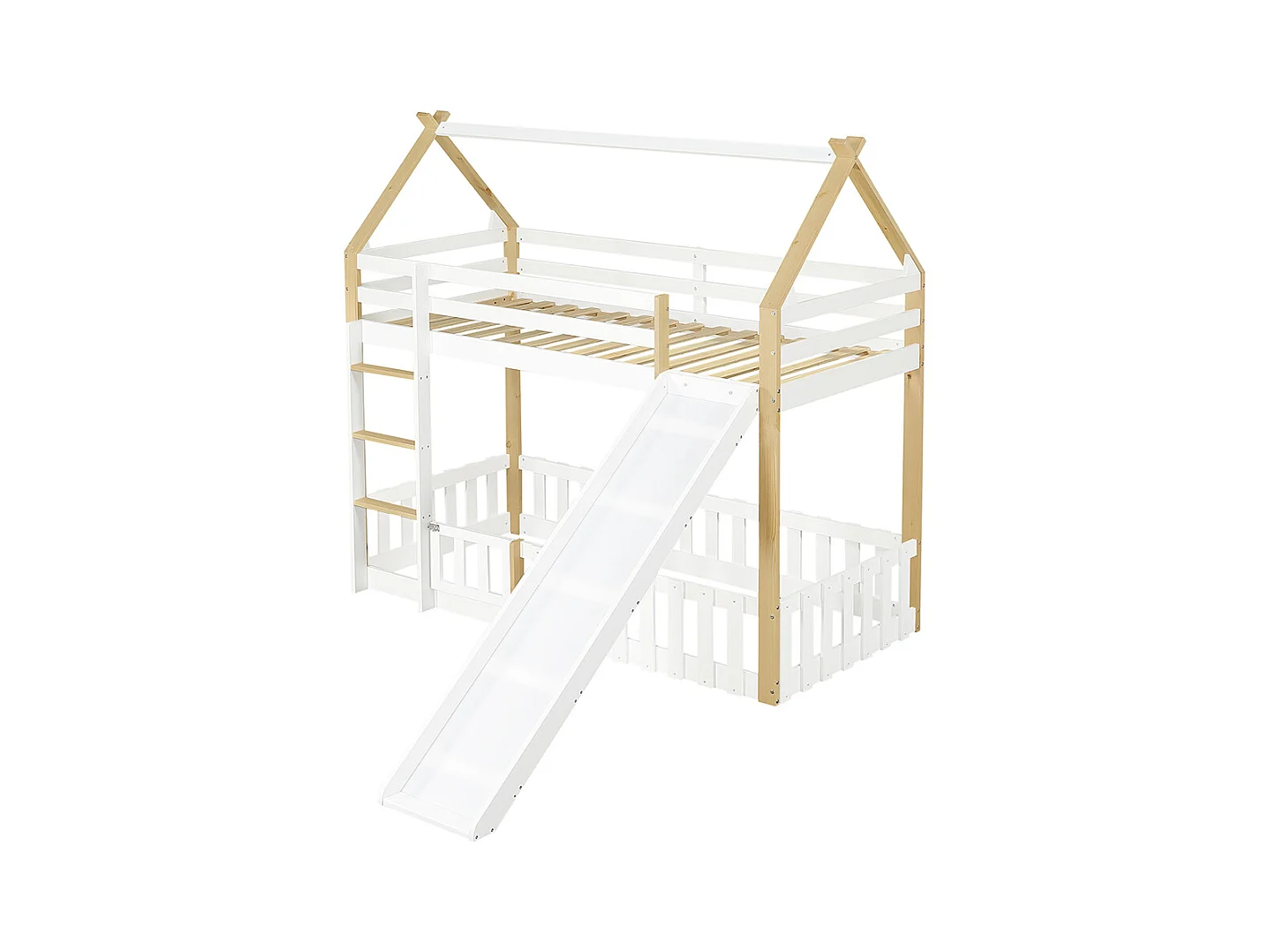 Etagenbett für Kinder 90 x 200 cm mit Rutsche, Geländer, Leiter, weiß + Natur