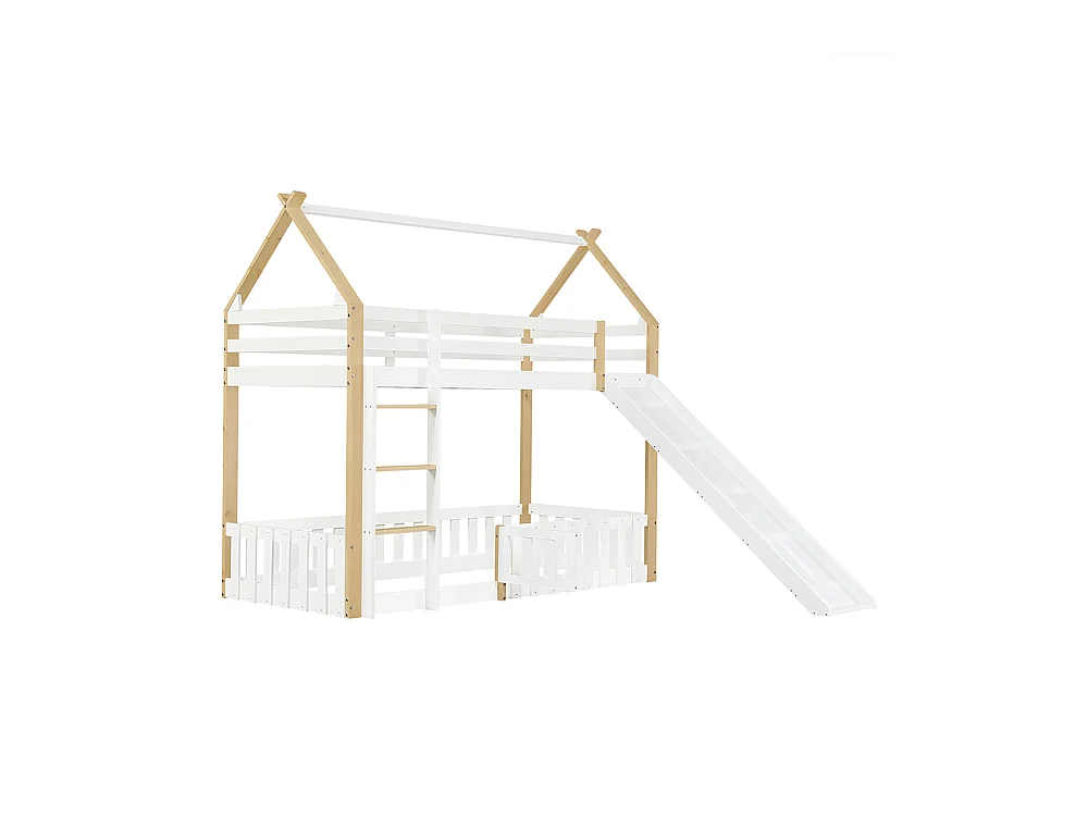 Etagenbett für Kinder 90 x 200 cm mit Rutsche, Geländer, Leiter, weiß + Natur