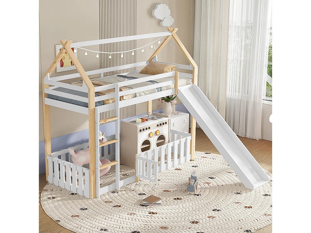 Etagenbett für Kinder 90 x 200 cm mit Rutsche, Geländer, Leiter, weiß + Natur