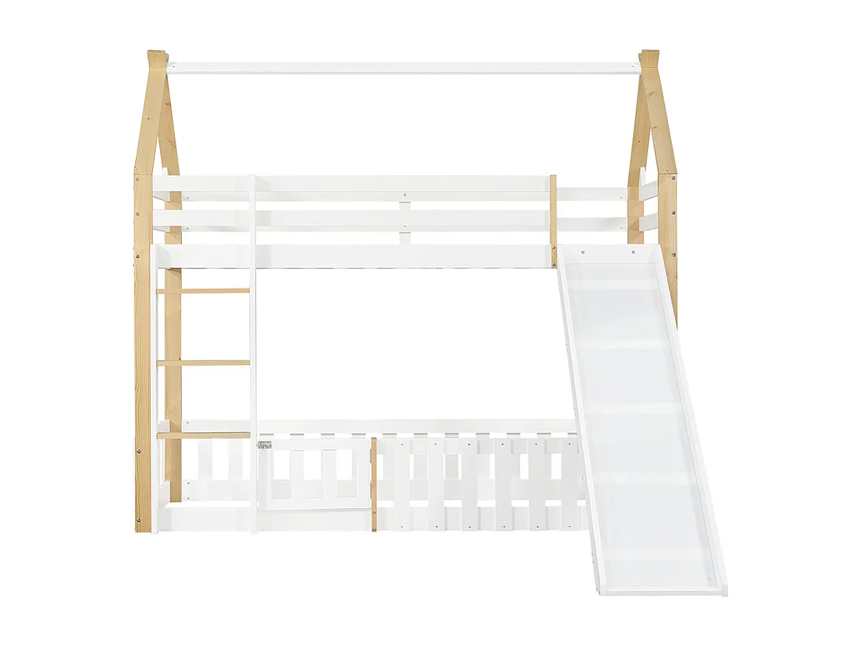 Etagenbett für Kinder 90 x 200 cm mit Rutsche, Geländer, Leiter, weiß + Natur