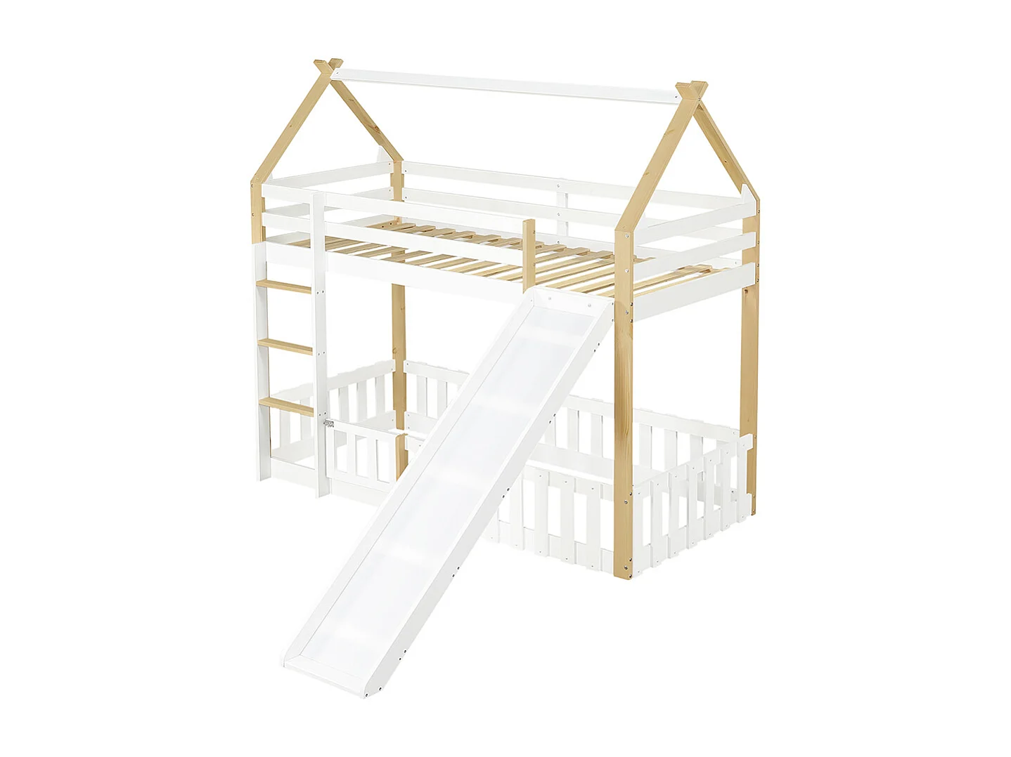 Etagenbett für Kinder 90 x 200 cm mit Rutsche, Geländer, Leiter, weiß + Natur