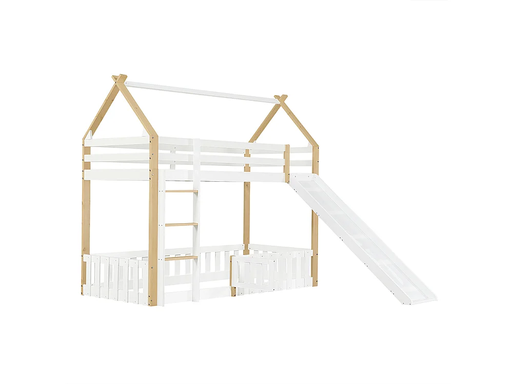 Etagenbett für Kinder 90 x 200 cm mit Rutsche, Geländer, Leiter, weiß + Natur