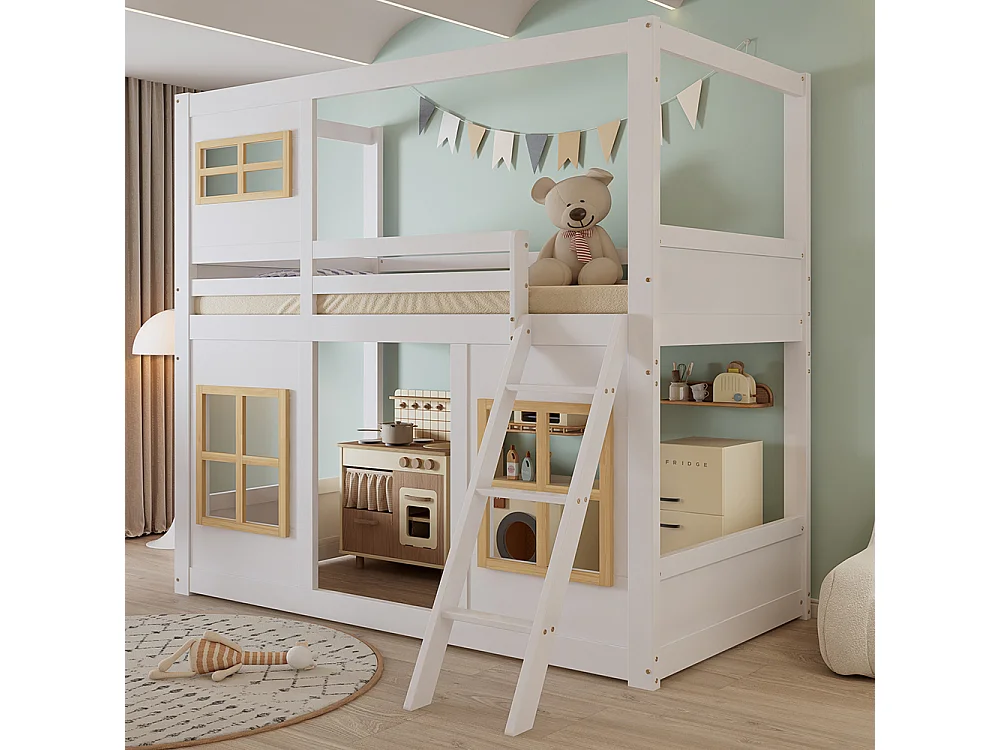 Letto a castello per bambini 90x200 cm, con bella finestra, scala robusta, recinzione su tutti i lati, bianco + colori naturali