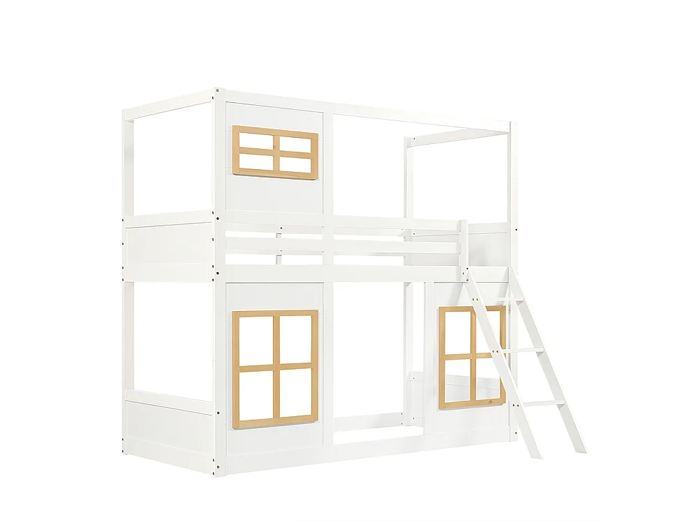 Letto a castello per bambini 90x200 cm, con bella finestra, scala robusta, recinzione su tutti i lati, bianco + colori naturali