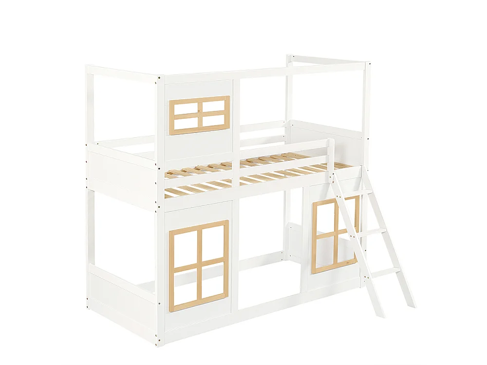 Letto a castello per bambini 90x200 cm, con bella finestra, scala robusta, recinzione su tutti i lati, bianco + colori naturali