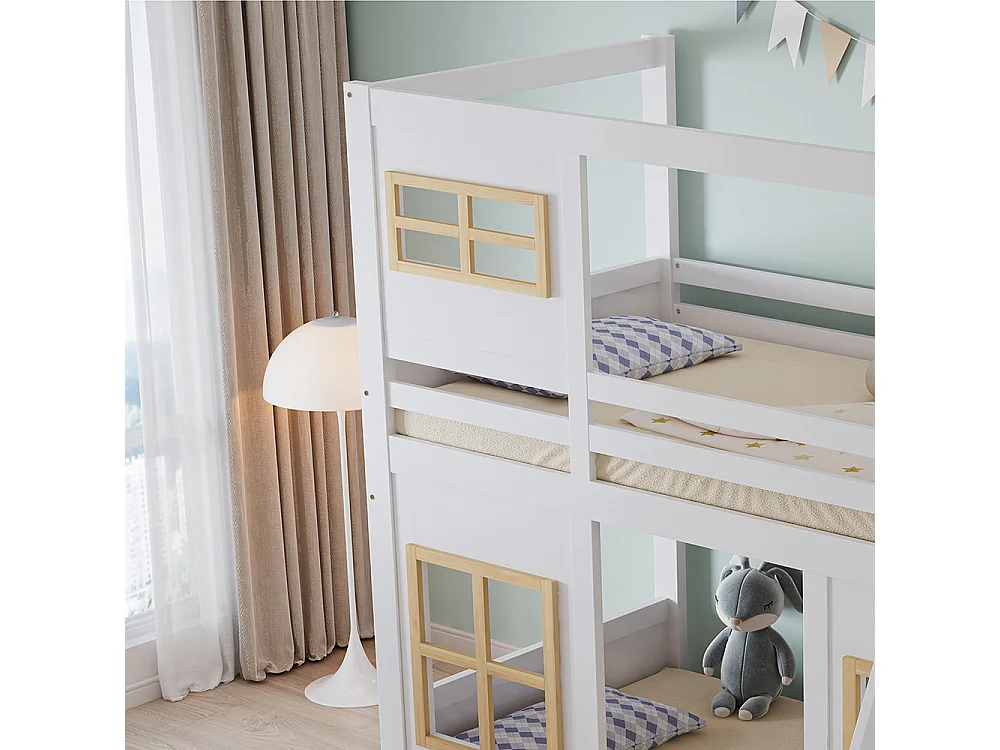 Letto a castello per bambini 90x200 cm, con bella finestra, scala robusta, recinzione su tutti i lati, bianco + colori naturali