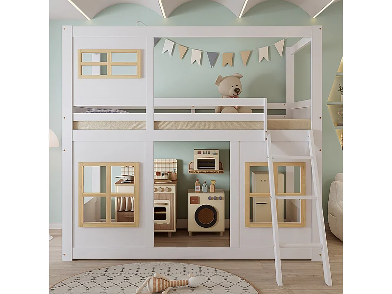 Letto a castello per bambini 90x200 cm, con bella finestra, scala robusta, recinzione su tutti i lati, bianco + colori naturali