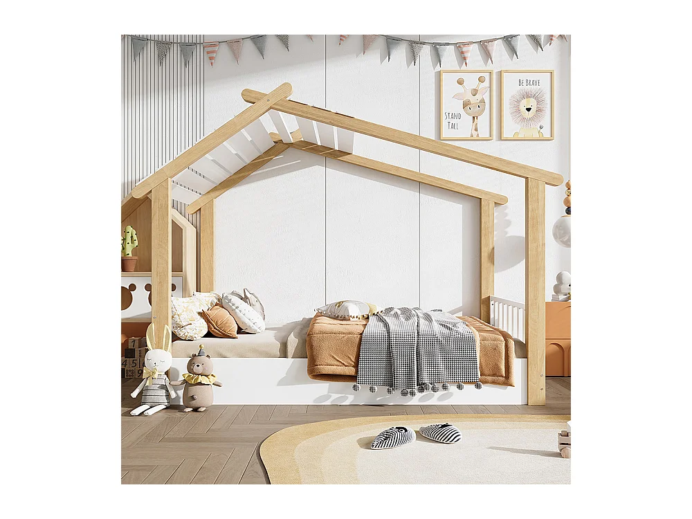 Kinderbett 90 x 190 cm, Design in Form einer Hütte, robuster Lattenrost, Kiefer + Spanplatte + MDF, weiß + naturfarben