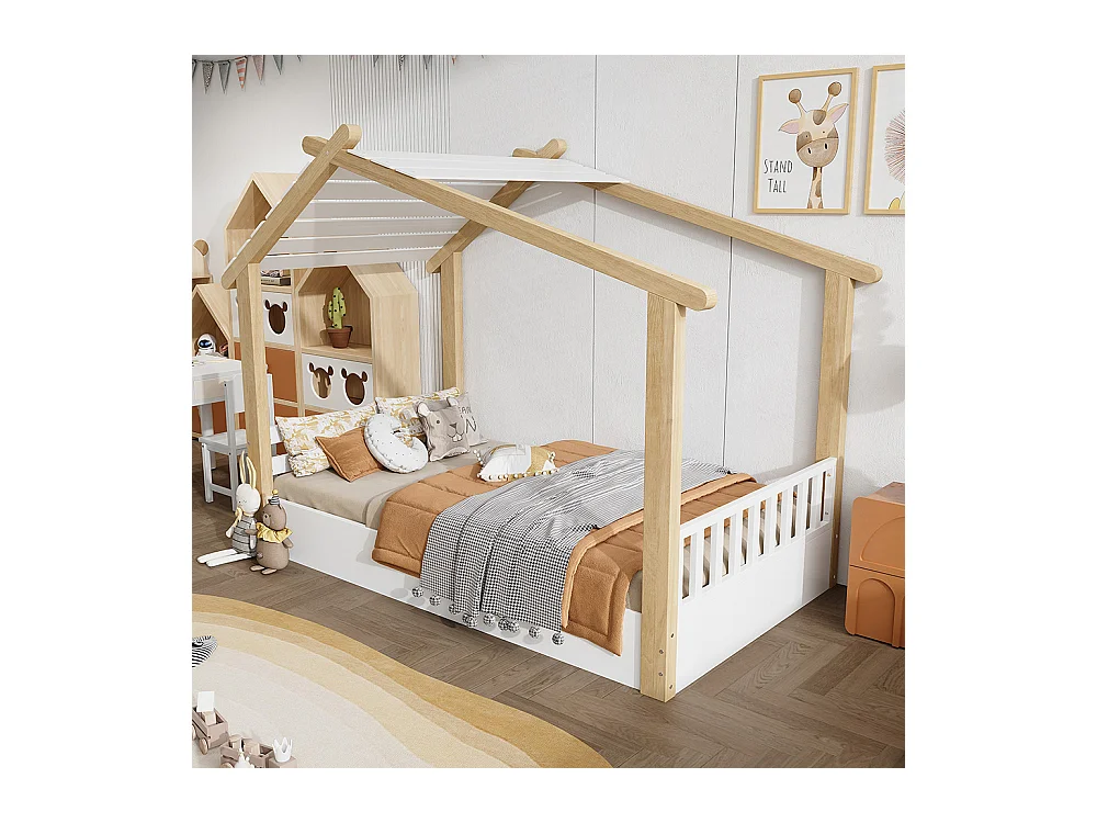 Kinderbett 90 x 190 cm, Design in Form einer Hütte, robuster Lattenrost, Kiefer + Spanplatte + MDF, weiß + naturfarben
