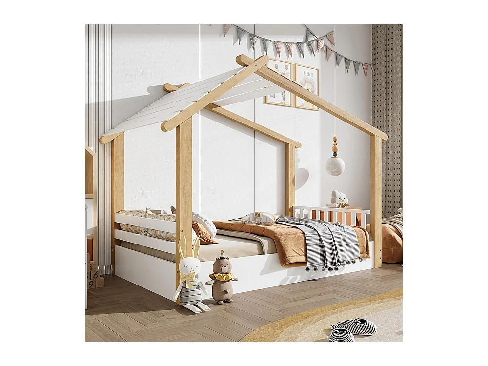 Kinderbett 90 x 190 cm, Design in Form einer Hütte, robuster Lattenrost, Kiefer + Spanplatte + MDF, weiß + naturfarben