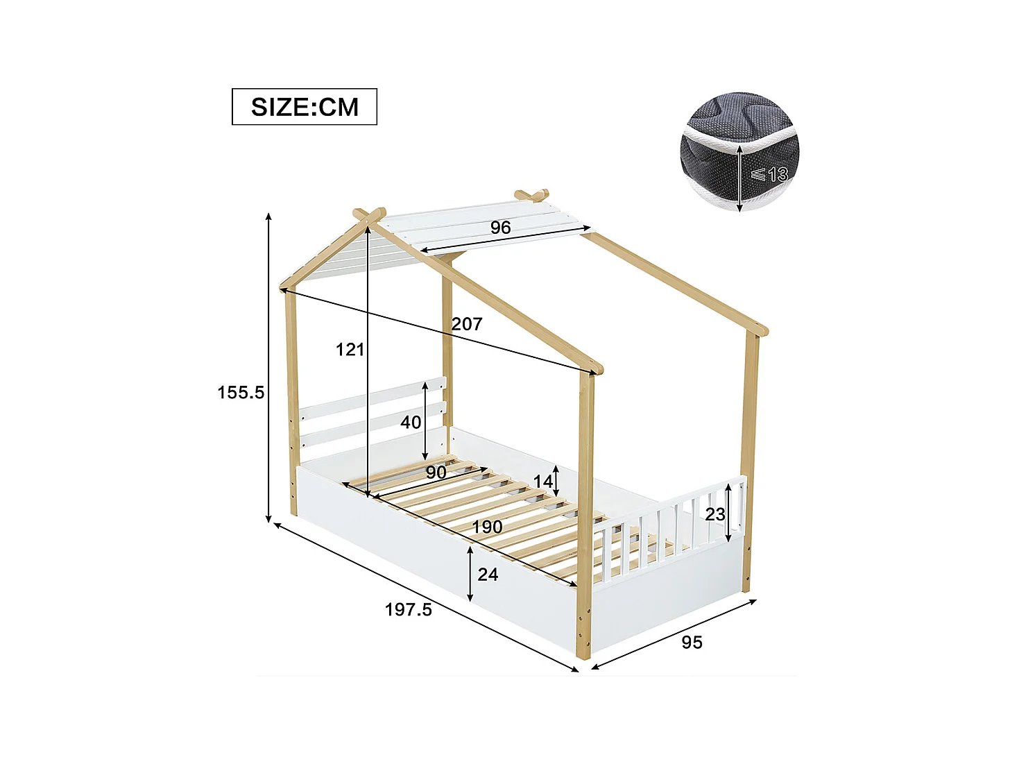 Kinderbett 90 x 190 cm, Design in Form einer Hütte, robuster Lattenrost, Kiefer + Spanplatte + MDF, weiß + naturfarben