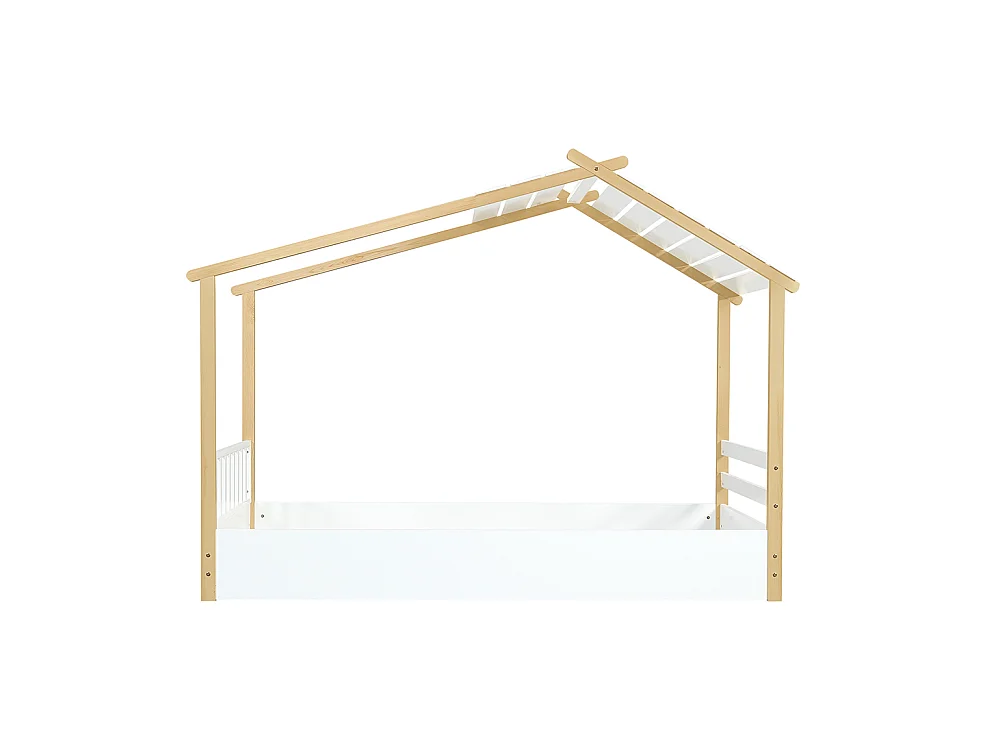 Kinderbett 90 x 190 cm, Design in Form einer Hütte, robuster Lattenrost, Kiefer + Spanplatte + MDF, weiß + naturfarben