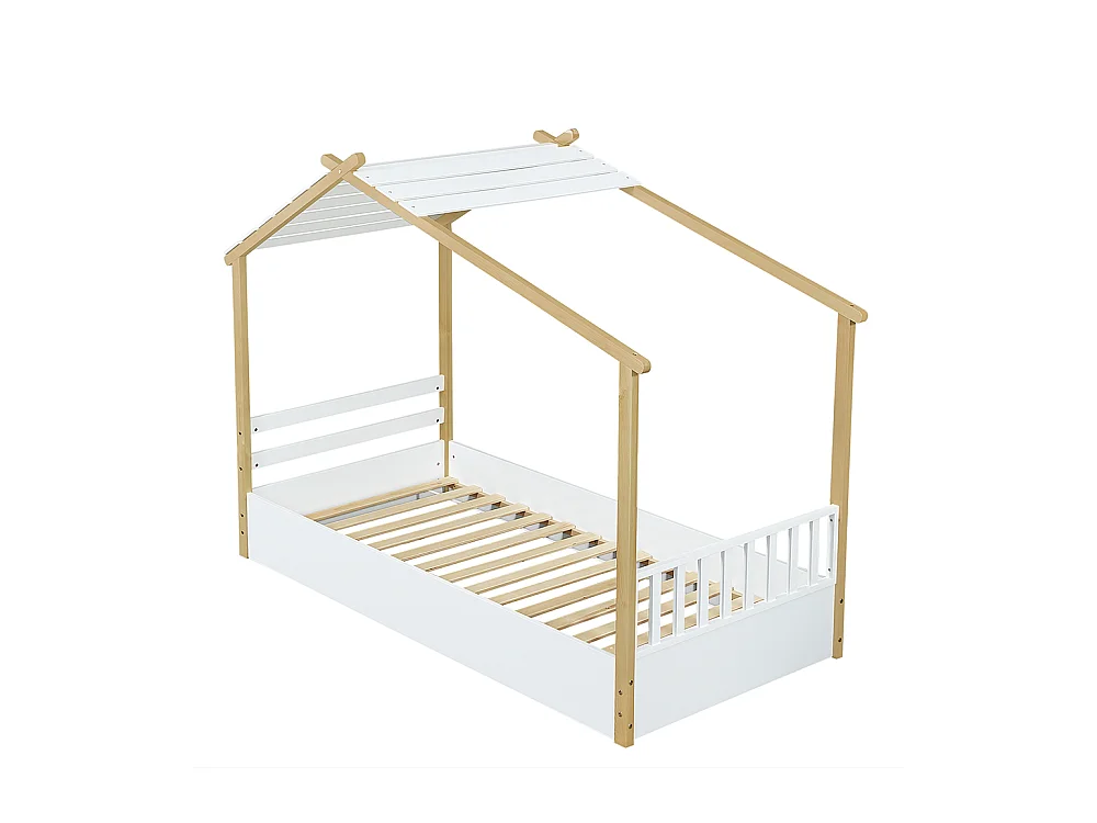 Kinderbett 90 x 190 cm, Design in Form einer Hütte, robuster Lattenrost, Kiefer + Spanplatte + MDF, weiß + naturfarben