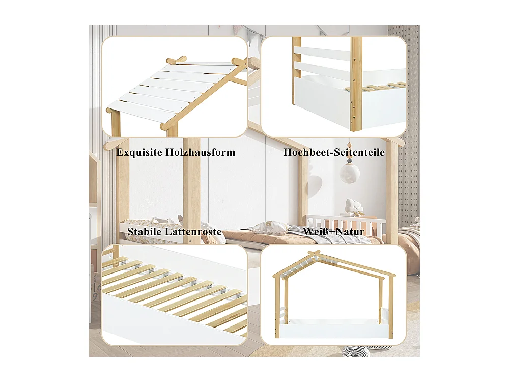Kinderbett 90 x 190 cm, Design in Form einer Hütte, robuster Lattenrost, Kiefer + Spanplatte + MDF, weiß + naturfarben
