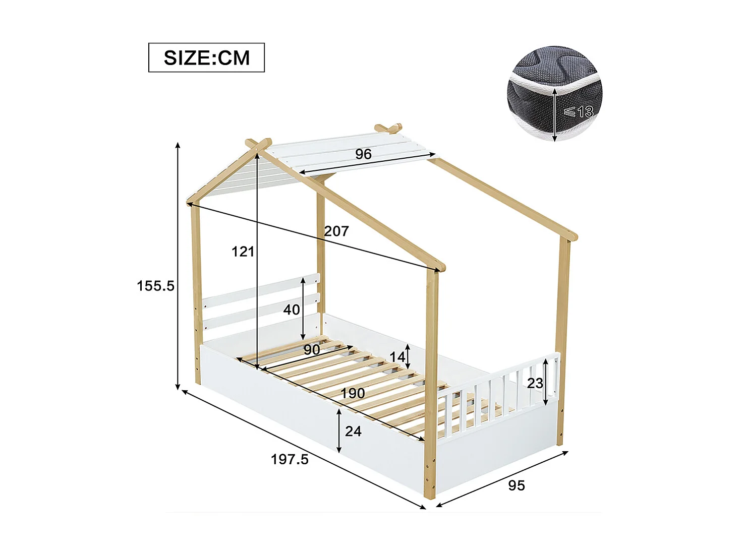 Lit d'enfant 90x190cm , design chalet, cadre de lit à lattes robuste, pin + aggloméré + MDF, blanc + naturel