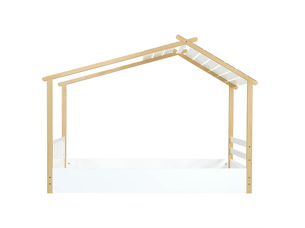 Lit d'enfant 90x190cm , design chalet, cadre de lit à lattes robuste, pin + aggloméré + MDF, blanc + naturel