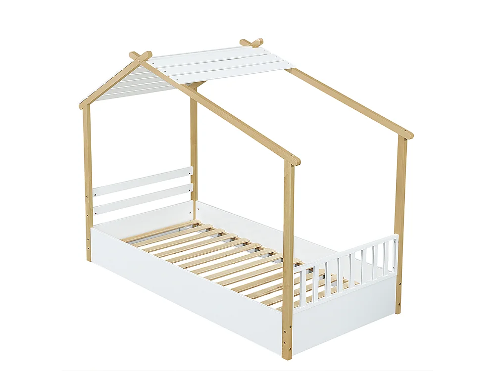 Lit d'enfant 90x190cm , design chalet, cadre de lit à lattes robuste, pin + aggloméré + MDF, blanc + naturel