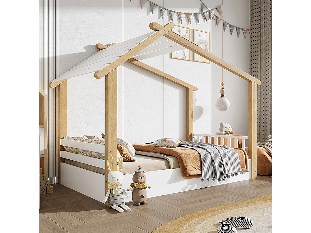 Kinderbett 90 x 190 cm, Design in Form einer Hütte, robuster Lattenrost, Kiefer + Spanplatte + MDF, weiß + naturfarben