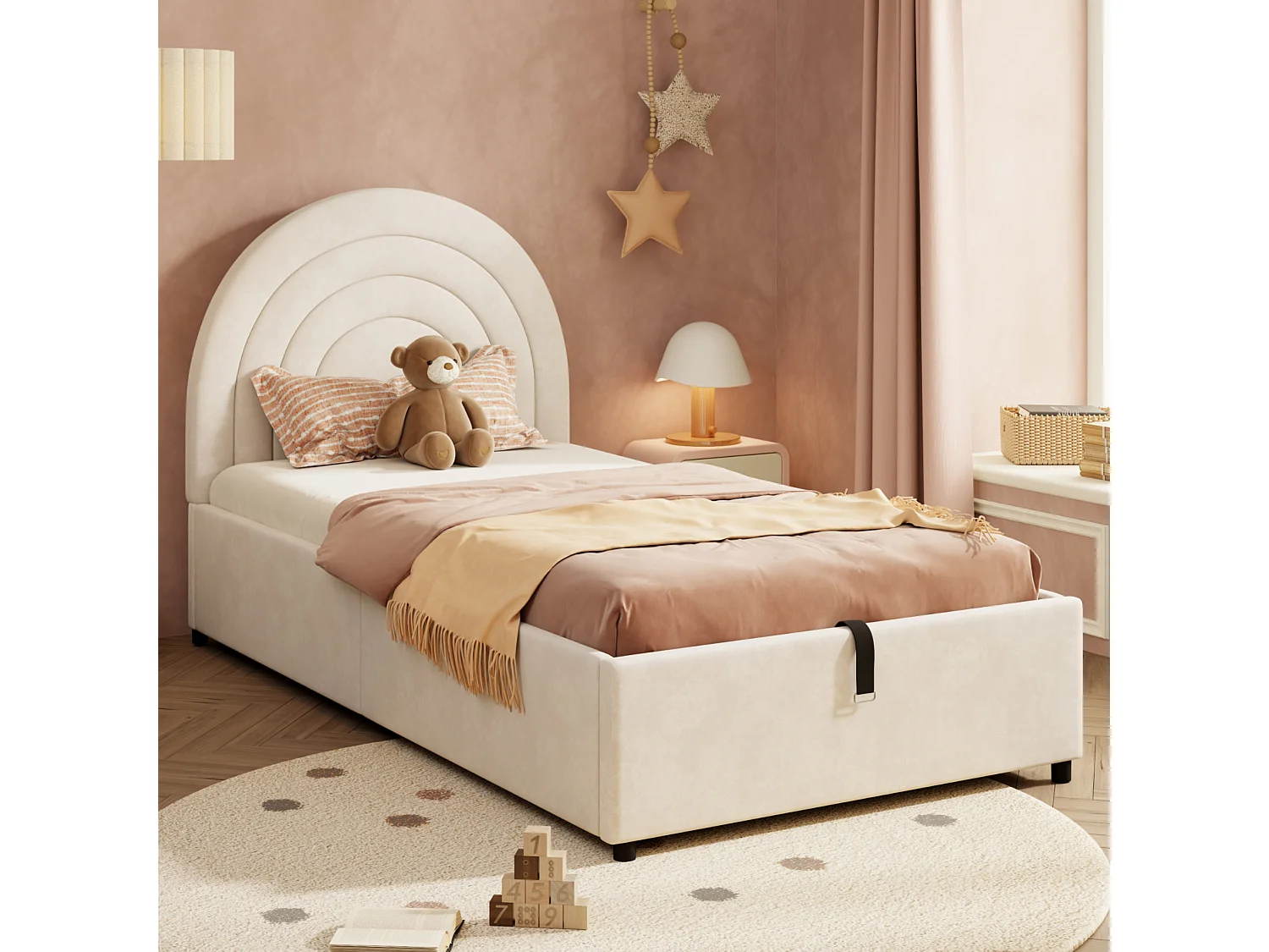 Cama infantil 90*200, com estrado de ripas e cabeceira, veludo, bege