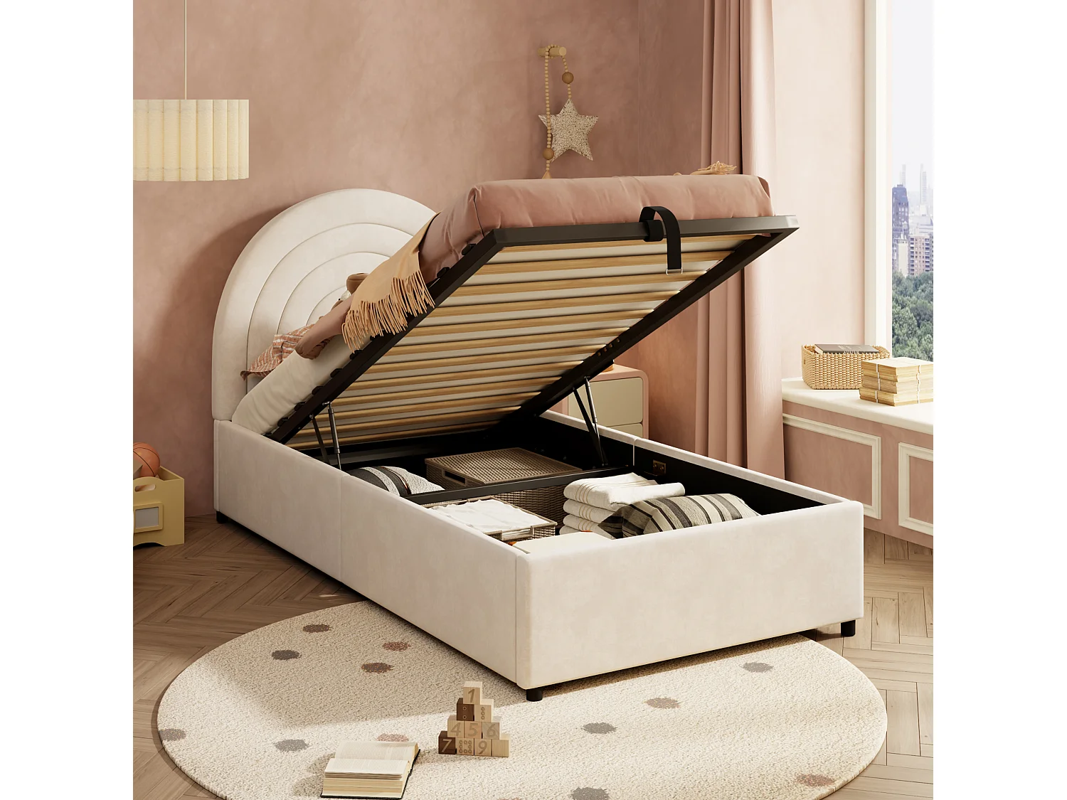 Cama infantil 90*200, com estrado de ripas e cabeceira, veludo, bege