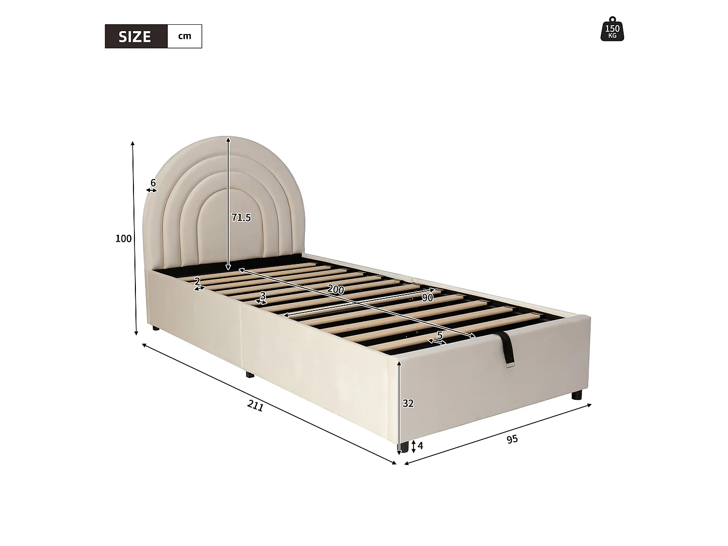Cama infantil 90*200, com estrado de ripas e cabeceira, veludo, bege