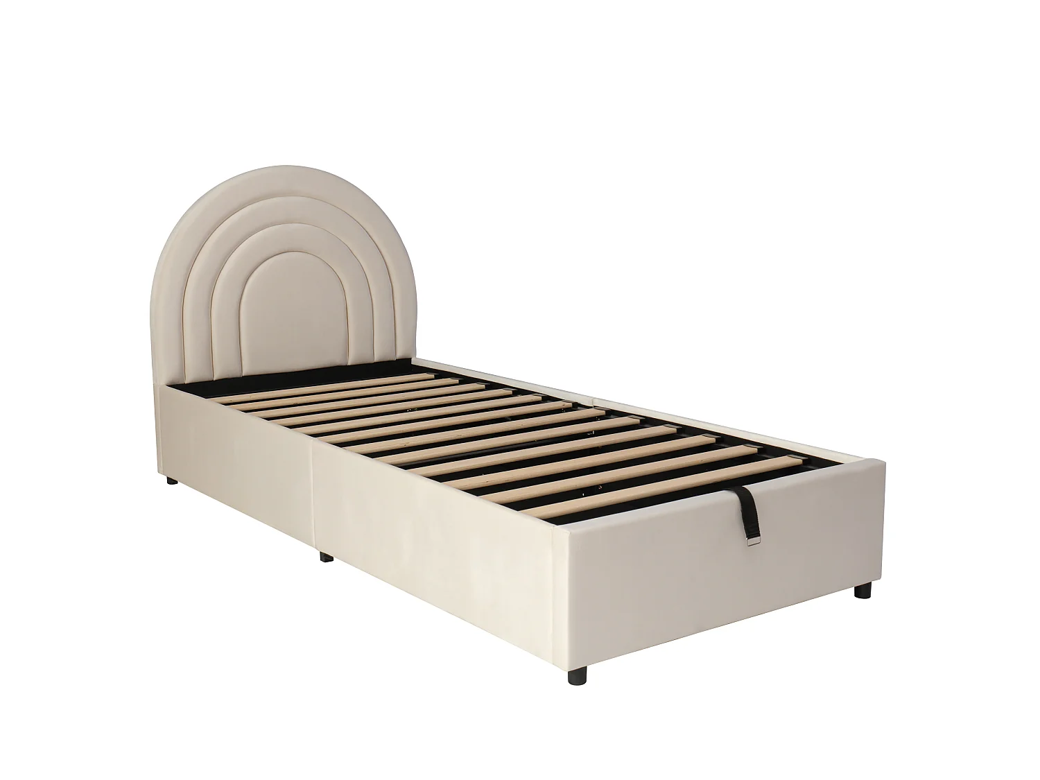Cama infantil 90*200, com estrado de ripas e cabeceira, veludo, bege