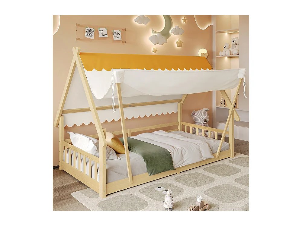 Lit d'enfant 90x200cm, design en forme de cabane, tente amovible, avec barrières de sécurité, pin + contreplaqué, couleur naturelle