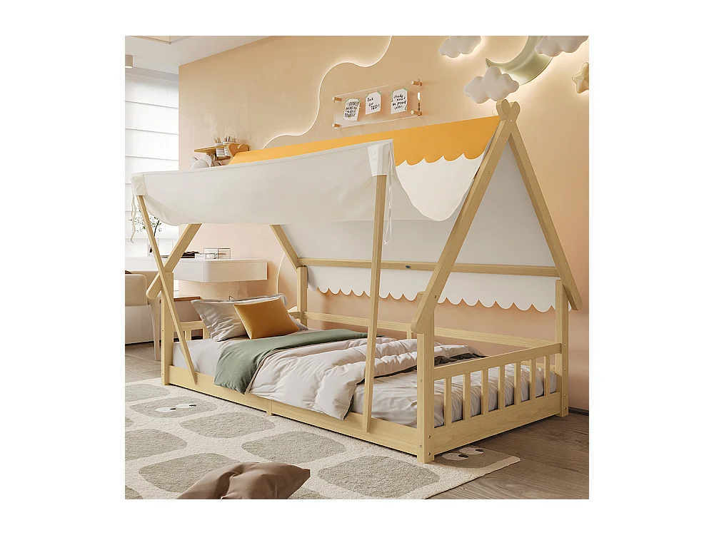 Lit d'enfant 90x200cm, design en forme de cabane, tente amovible, avec barrières de sécurité, pin + contreplaqué, couleur naturelle