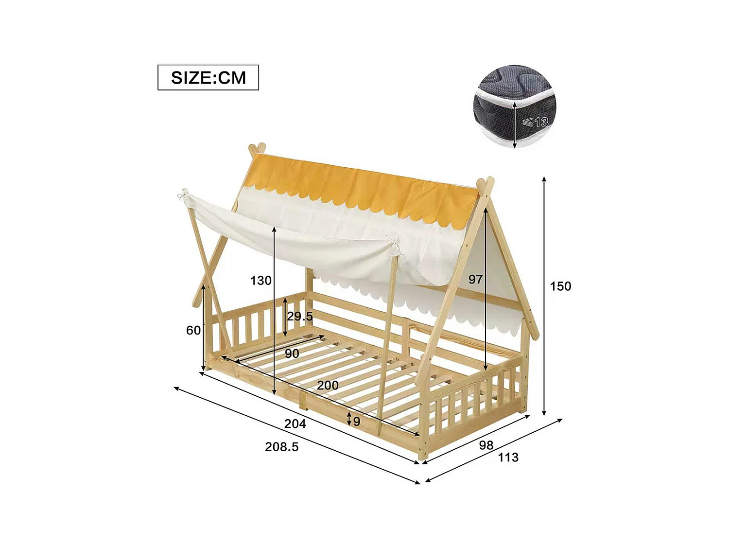 Lit d'enfant 90x200cm, design en forme de cabane, tente amovible, avec barrières de sécurité, pin + contreplaqué, couleur naturelle
